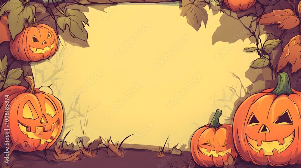 Spooky Halloween Pumpkin Lanterns in Autumn Foliage Background with Copy Space for Text Spooky Halloween Pumpkin Lanterns in Autumn Foliage Background with Copy Space for Text