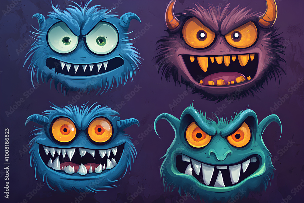 Cartoon monster faces. of four Halloween monster faces. Mock up for package design Cartoon monster faces. of four Halloween monster faces. Mock up for package design