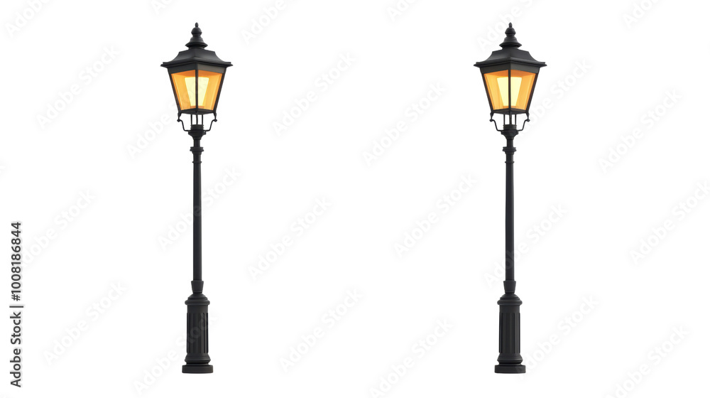 Obraz premium Elegant street lamps illuminate night with warm glow isolated on a white background, transparent background.