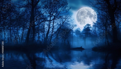 Full Moon Over Lake in Dark Forest