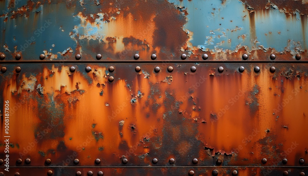 Fototapeta premium Weathered Steel Plate with Heavy Rust and Corrosion Marks in Shades of Orange, Brown, and Blue. Close-Up of an Aged Metal Surface with Oxidation and Textured Peeling for Industrial Decay Background