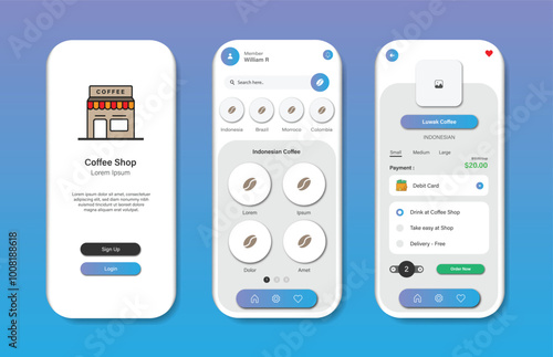 Application to buy coffee beans. Collection of online coffee shop interface templates. Responsive GUI for mobile applications