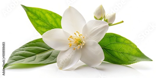 A beautiful jasmine white flower, set against a clean white background, ideal for floral designs, invitations, and