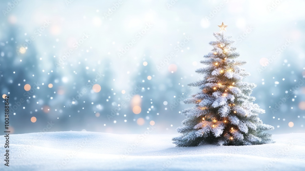 Snow-covered Christmas tree in a peaceful landscape, blurred background for a tranquil holiday feeling, clear windows visible Snow-covered Christmas tree in a peaceful landscape, blurred background for a tranquil holiday feeling, clear windows visible