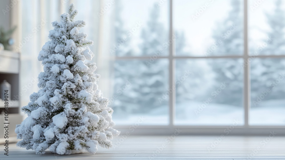 Snow-covered Christmas tree standing alone in a peaceful winter landscape, soft, blurred background, clear windows visible for a serene holiday scene Snow-covered Christmas tree standing alone in a peaceful winter landscape, soft, blurred background, clear windows visible for a serene holiday scene