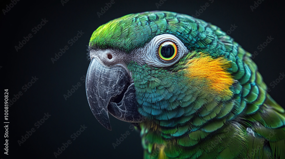 Fototapeta premium Close-up of a parrot’s head, showcasing its vivid, colorful feathers in stunning detail.