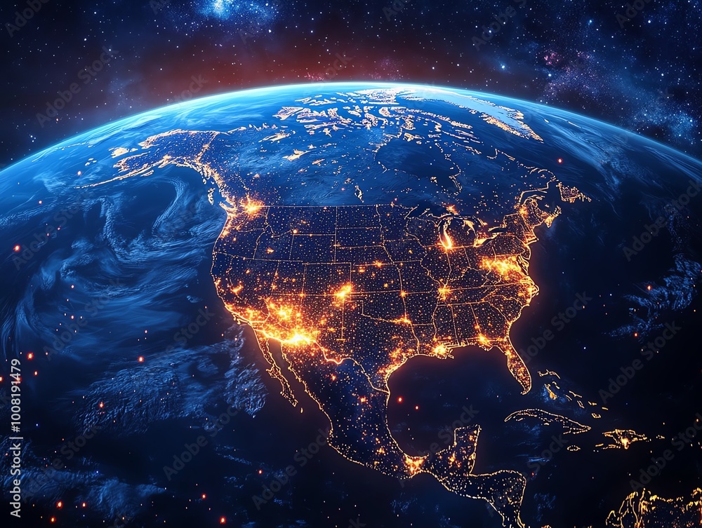 Obraz premium Earth view showing illuminated cities at night.