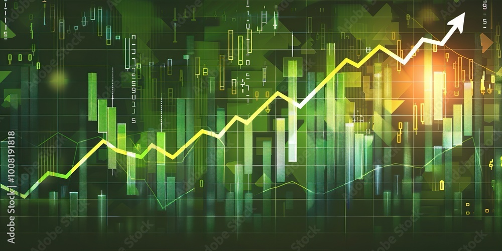 Financial background with growth arrow and stock chart. Green background for trade design Financial background with growth arrow and stock chart. Green background for trade design