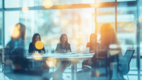 blurred photo of business people sitting around the table in an office, captured from behind and in focus, symbolizing collaboration within company or between different quaint style icons.