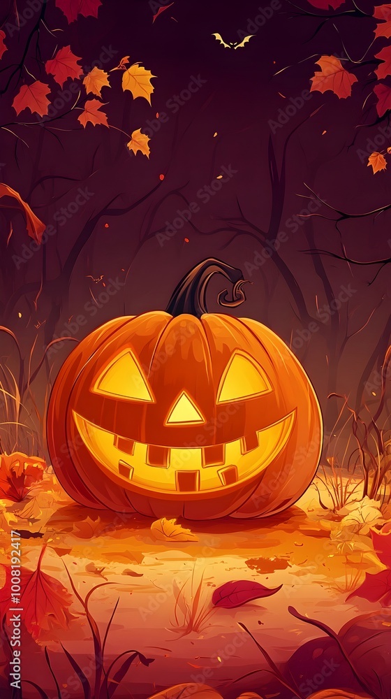 Spooky Glowing Pumpkin Jack o Lantern in Autumn Forest at Moonlit Halloween Night Spooky Glowing Pumpkin Jack o Lantern in Autumn Forest at Moonlit Halloween Night