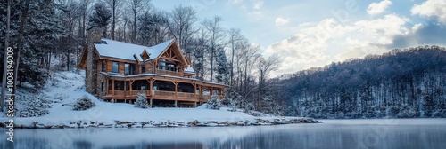 beautiful cabin lake front property in the mountains, winter,