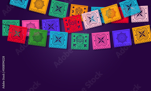 Dia de Los Muertos - Day of the Dead celebration banner, background, card with colorful mexican traditional paper cutting flags - papel picado.