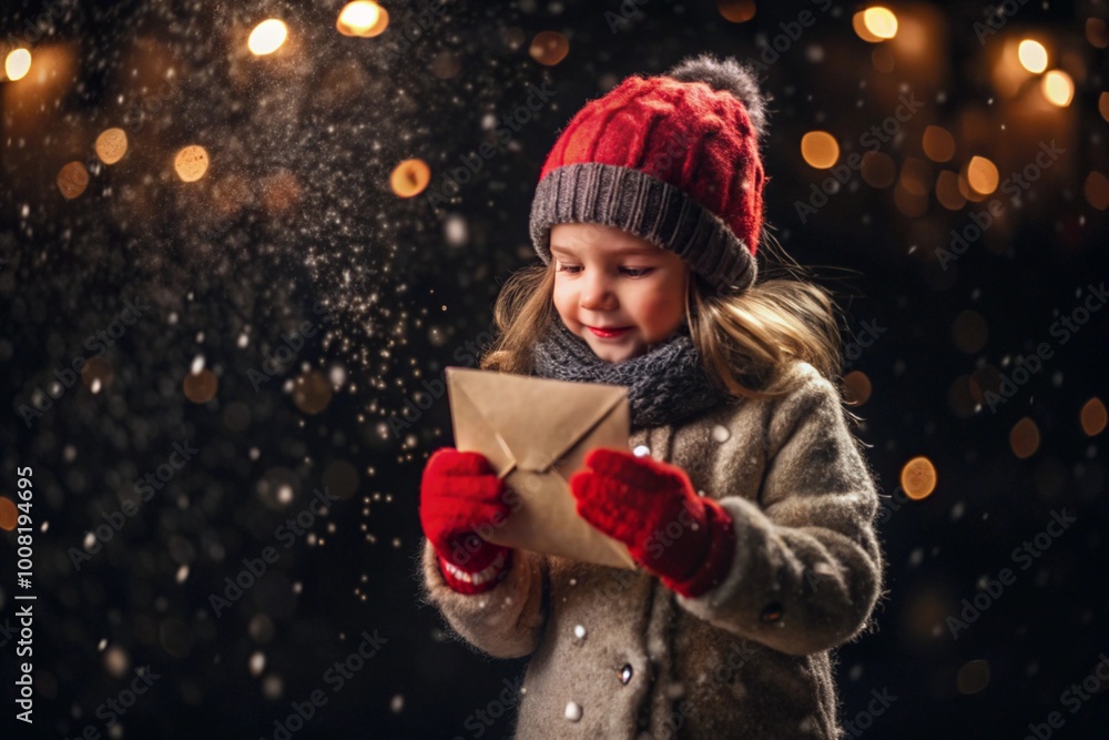 A little girl in winter clothes holding an envelope outside in snowy weather against the background of lights. A letter for Santa Claus. The winter atmosphere of a festive invitation. A little girl in winter clothes holding an envelope outside in snowy weather against the background of lights. A letter for Santa Claus. The winter atmosphere of a festive invitation.