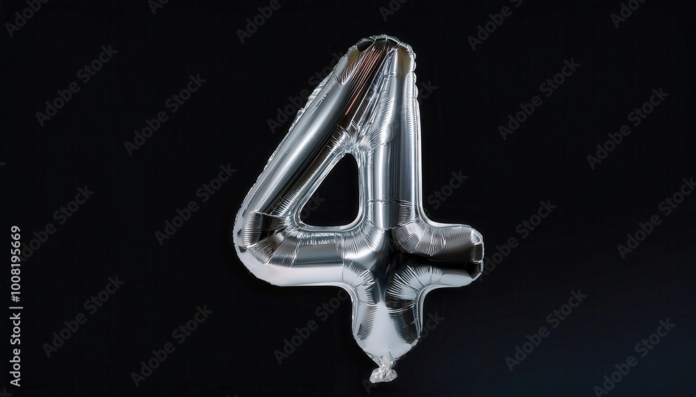 Silver Helium Foil Balloon Shaped as Number 4 Floating Against Dark Background. Minimalist Celebration or Anniversary Concept with Shiny Metallic Reflective Surface and Bold Party Aesthetic Silver Helium Foil Balloon Shaped as Number 4 Floating Against Dark Background. Minimalist Celebration or Anniversary Concept with Shiny Metallic Reflective Surface and Bold Party Aesthetic