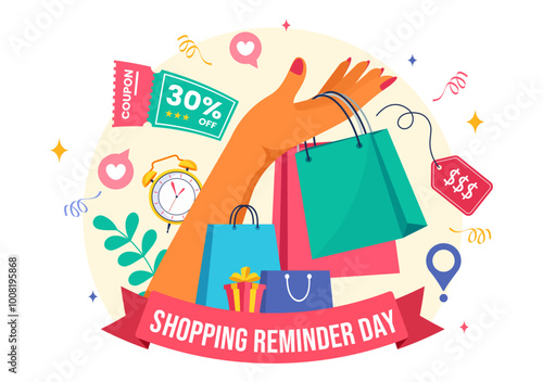 Shopping Reminder Day Vector Illustration for 26th November, featuring a Paper Bag and Items in a National Holiday Flat Style Cartoon Background