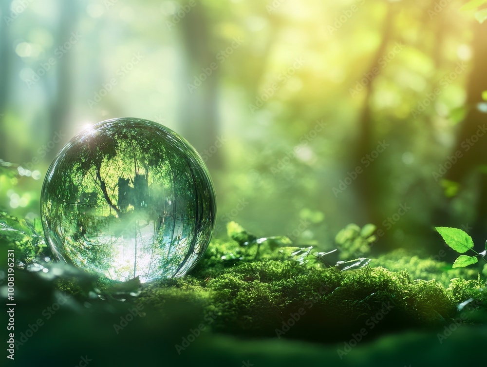 2408 31.A crystal-clear globe sits on a bed of green moss in the heart of a forest, representing global ESG principles. Soft sunlight filters through the trees, highlighting the network of global 2408 31.A crystal-clear globe sits on a bed of green moss in the heart of a forest, representing global ESG principles. Soft sunlight filters through the trees, highlighting the network of global