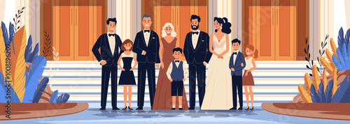 Elegant group of people dressed formally posing outside a grand building with stairs and large doors surrounded by foliage