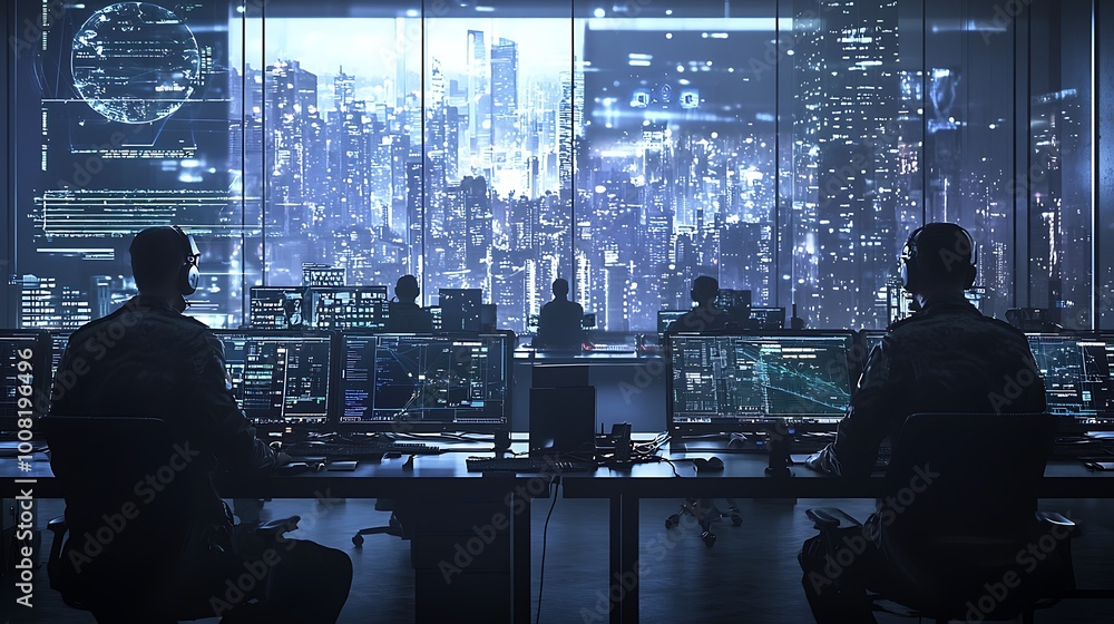 Cyber security staff in military attire coordinating urban safety protocols. Cyber security staff in military attire coordinating urban safety protocols.