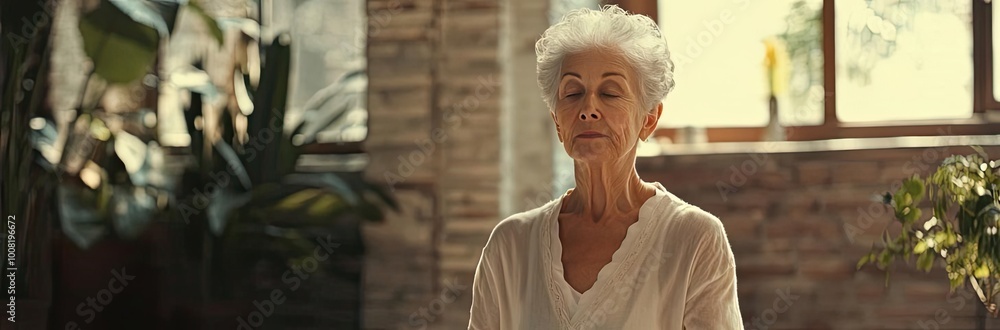 A serene elderly woman practices meditation in a bright, tranquil indoor space, embracing peace and mindfulness. A serene elderly woman practices meditation in a bright, tranquil indoor space, embracing peace and mindfulness.
