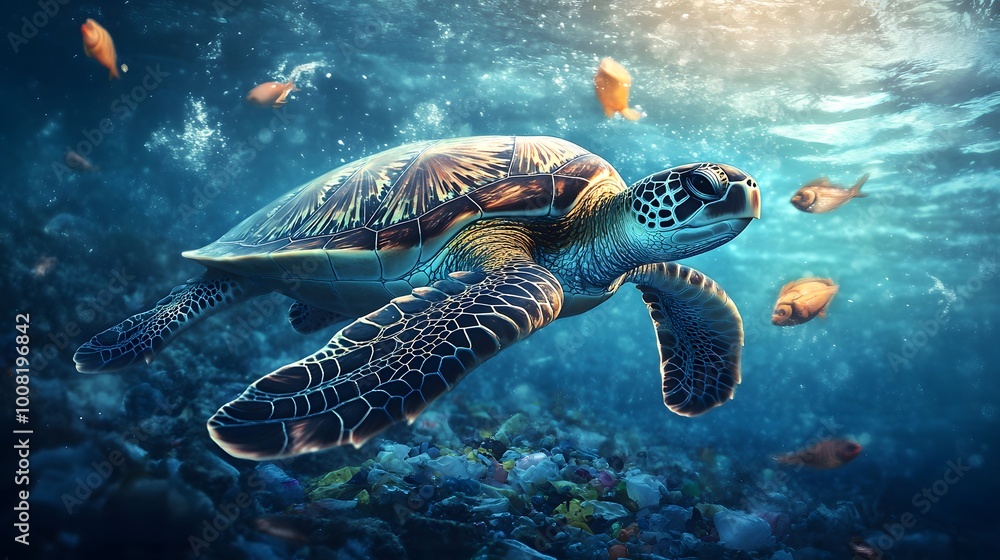 Fototapeta premium Sea turtle swimming through plastic waste in the ocean, symbolizing the threat of pollution to marine life