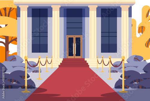 Cinema theater entrance with red carpet and velvet ropes grand building columns trees bushes elegant setting