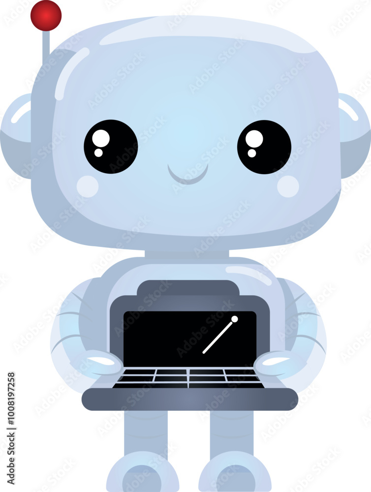 Een robotassistent met een laptop staat klaar om te helpen met werk Een robotassistent met een laptop staat klaar om te helpen met werk