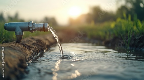 Water flowing from a faucet into a lush green field at sunset.