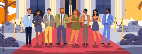 People in formal attire attending event. Group of men and women in elegant clothing standing on red carpet in front of building with golden stanchions trees in background. Banner design