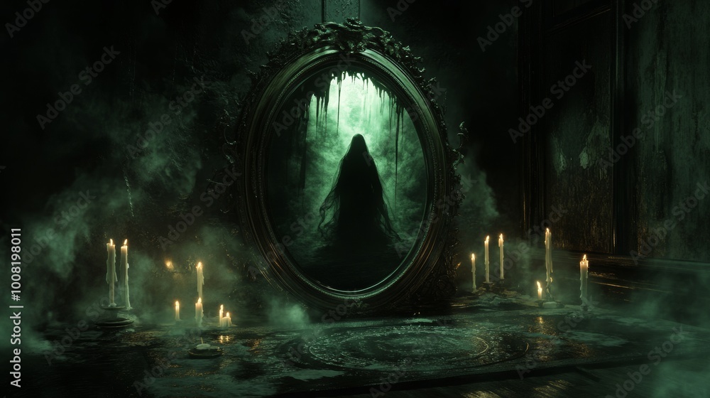 Obraz premium A beautiful mirror reflects a ghost, surrounded by candles and mysterious fog.