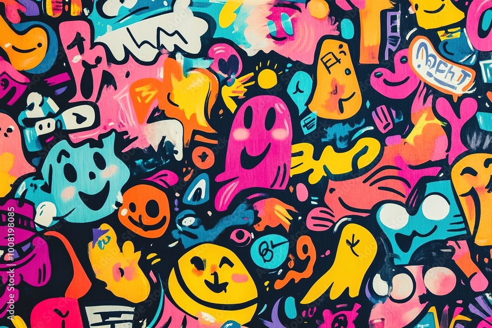 Bright graffiti doodles with smiles and quirky shapes on black. Bright graffiti doodles with smiles and quirky shapes on black.