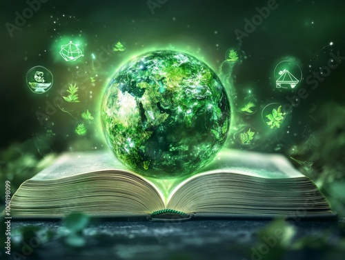 2408 69.A green globe sits atop a law book, illuminated by soft natural light, with floating icons representing environmental conservation. The bookâ€™s pages symbolize the legal framework guiding photo