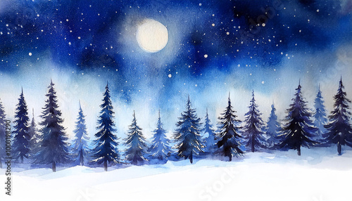 Wallpaper Mural Watercolor night winter forest. Beautiful natural landscape. Wild nature trees and starry night sky Torontodigital.ca