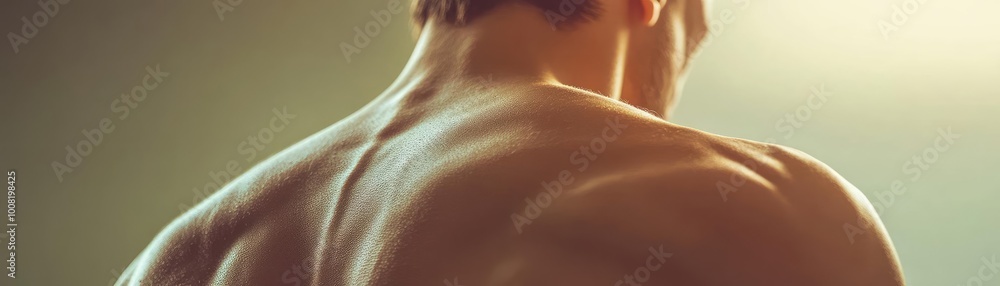 A close-up on a muscular back, showcasing strength and fitness in soft lighting, perfect for health and wellness themes. A close-up on a muscular back, showcasing strength and fitness in soft lighting, perfect for health and wellness themes.