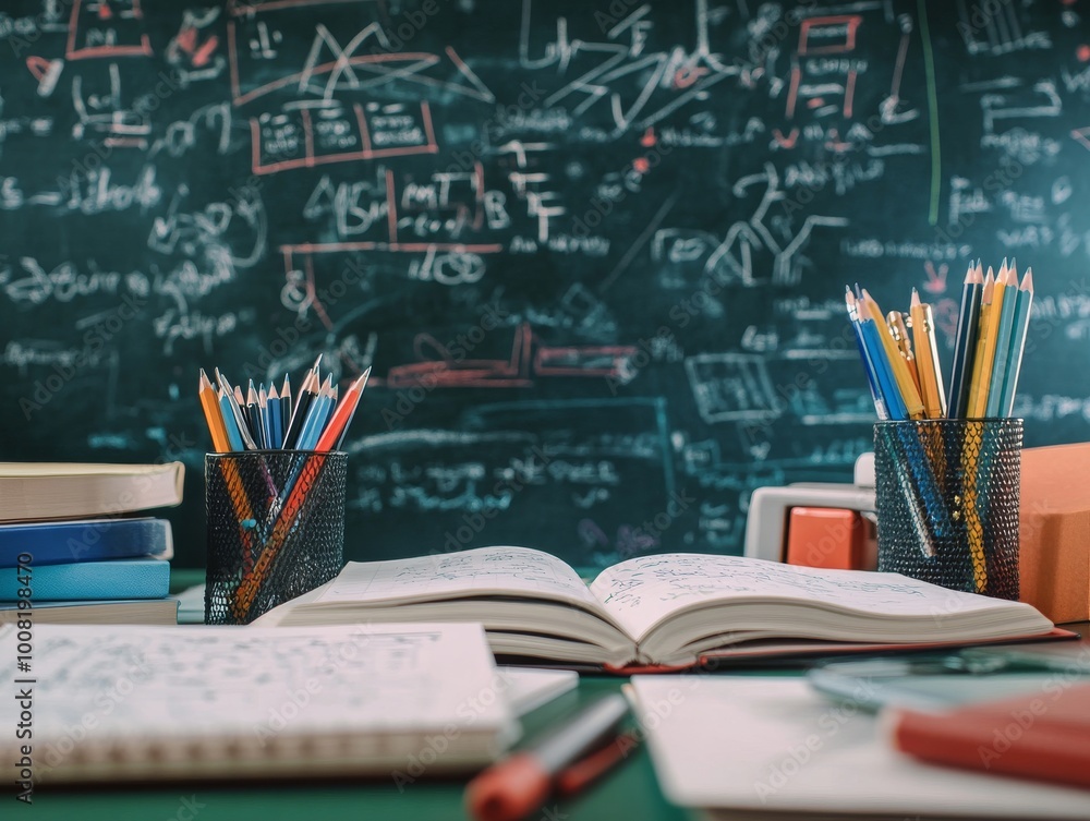 2408 77.A table covered with various textbooks, pens, pencils, and an open notebook, with the background dominated by a black chalkboard filled with educational drawings and equations. The scene 2408 77.A table covered with various textbooks, pens, pencils, and an open notebook, with the background dominated by a black chalkboard filled with educational drawings and equations. The scene