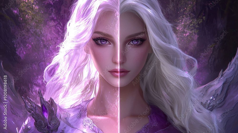 Fototapeta premium A woman with two connected images with long hair, purple and white,with long, flowing hair, 