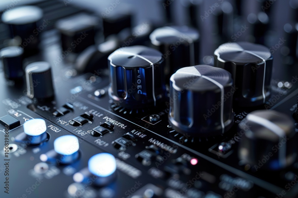 Intricate knobs and dials on a music production mixer in a dimly lit studio during a late-night recording session Intricate knobs and dials on a music production mixer in a dimly lit studio during a late-night recording session