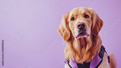 Compassionate golden retriever in service vest against a soft lavender background, ideal for emotional support animal themes. Ample copy space. High-resolution image. photo