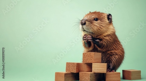 Clever beaver constructing a wooden block dam on a light green backdrop. Flood prevention concept with ample copy space. Creative design for environmental themes.