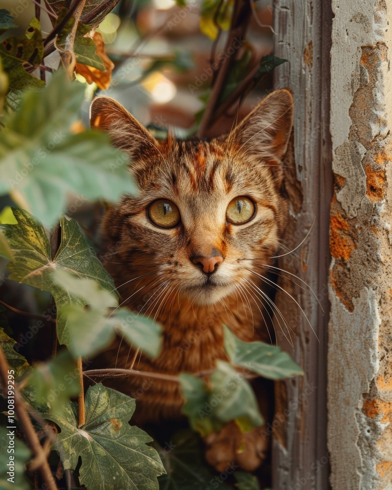Obraz premium A curious cat peeks out from behind leaves. AI.