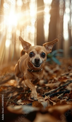 A small brown dog with big ears runs through the woods. AI.