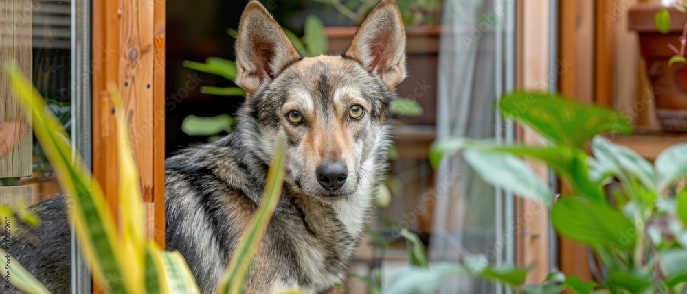 Fototapeta premium A wolfdog looking through a window with plants in the foreground. AI.