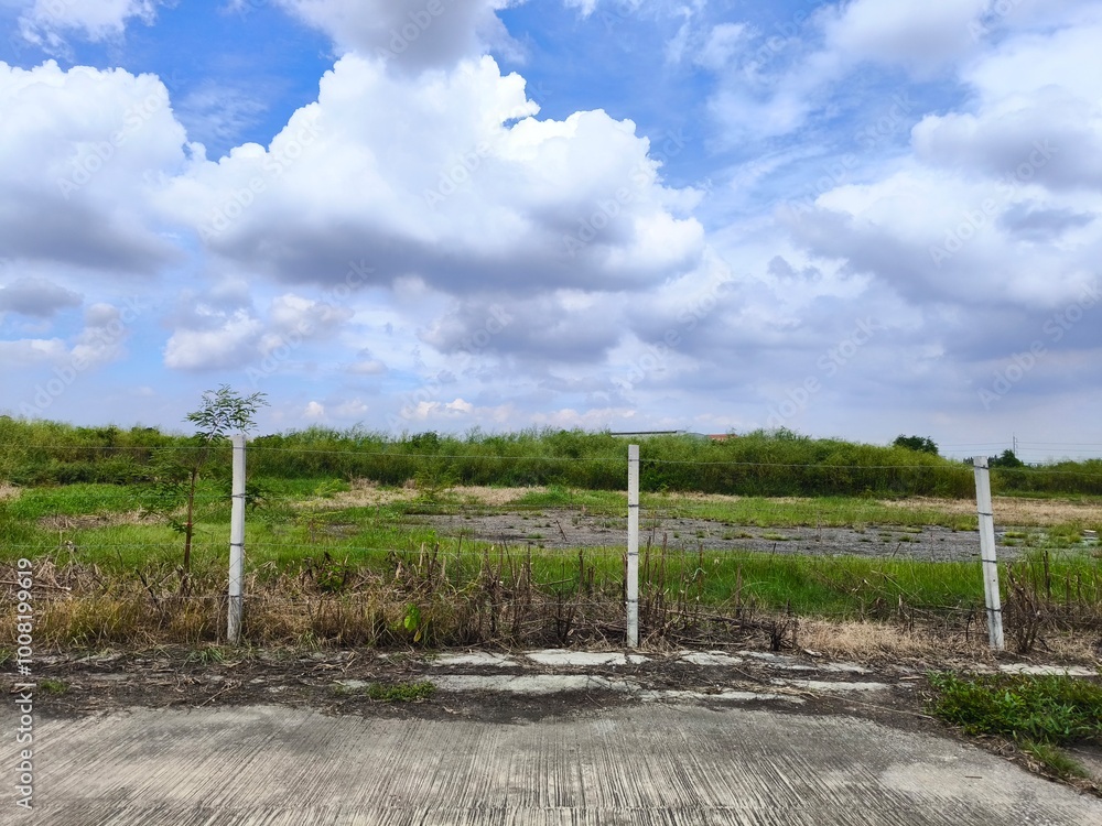 Fototapeta premium Land for sales concept. Landscape of empty land plot for development, and beautiful blue sky. 