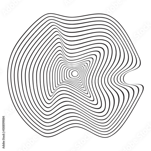 Distorted concentric circles. Topographic rings. Pulse, sound or ripple icon isolated on background. Soundwave sign. Dynamic, motion or flow symbol. Wood texture. Vector graphic illustration