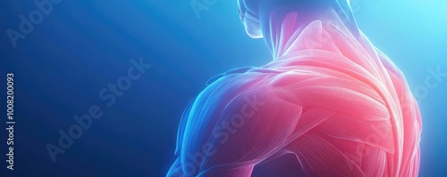 A detailed anatomical illustration showcasing human muscle structure, emphasizing the back and shoulder muscles in vivid colors.