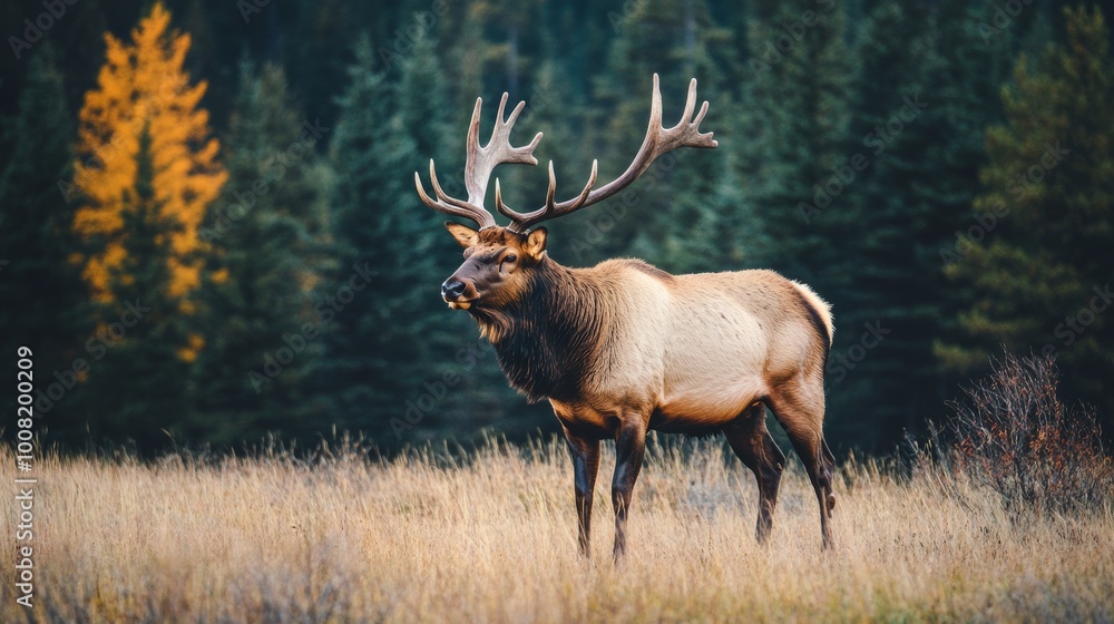 Majestic elk with impressive antlers gracefully roaming in their natural habitat of lush forests Majestic elk with impressive antlers gracefully roaming in their natural habitat of lush forests