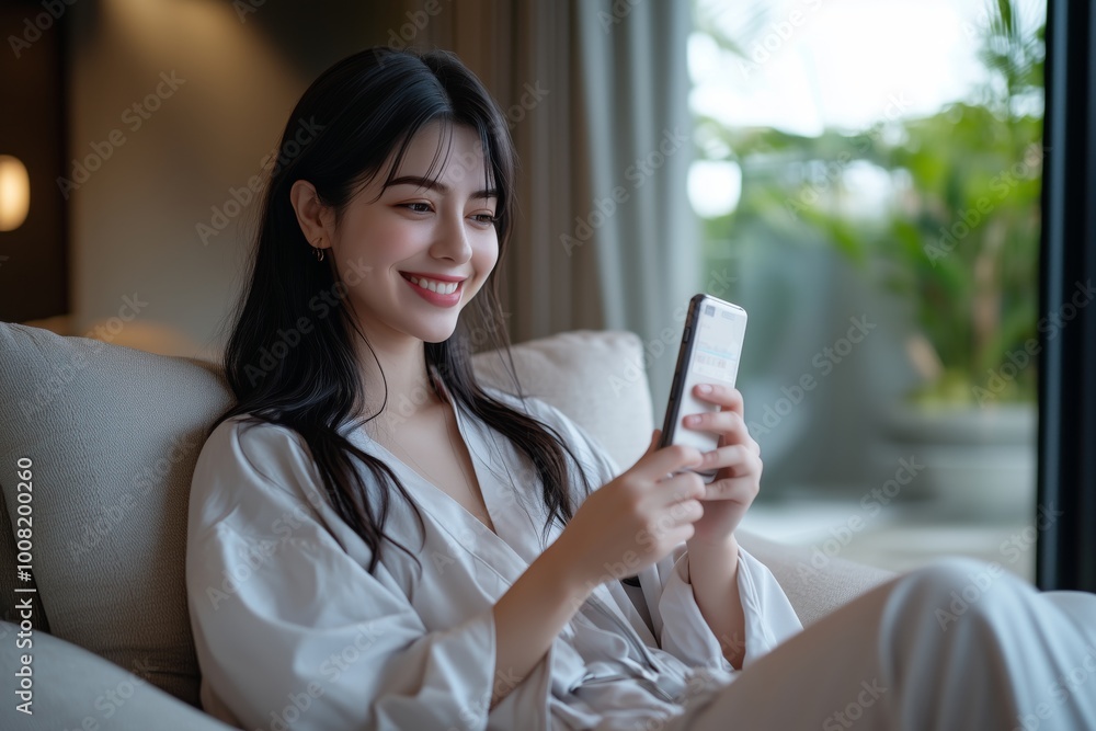 A young woman smiles while using her smartphone, enjoying a relaxing moment in a stylish, well-lit living room A young woman smiles while using her smartphone, enjoying a relaxing moment in a stylish, well-lit living room