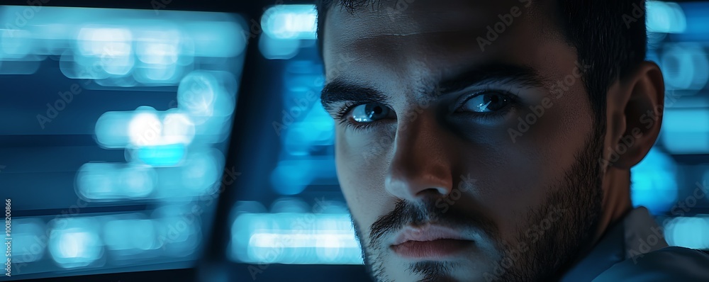 Male analyst in high-tech center monitoring network traffic for security. Male analyst in high-tech center monitoring network traffic for security.