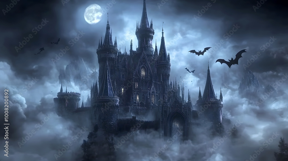 Mysterious Castle with Bats in the Misty Night