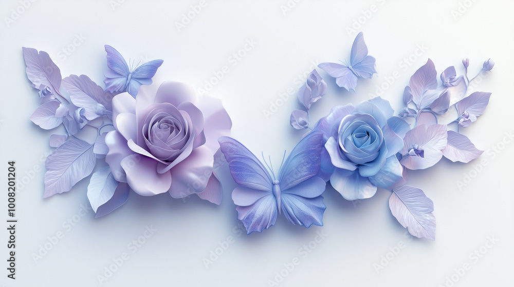 3d render blue and purple engraved with rose flowers and butterflies on white background, free space for writing 3d render blue and purple engraved with rose flowers and butterflies on white background, free space for writing