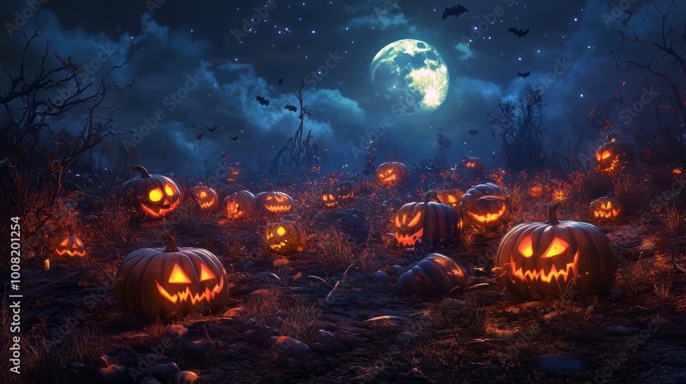 A spooky Halloween pumpkin patch under a full moon. A spooky Halloween pumpkin patch under a full moon.